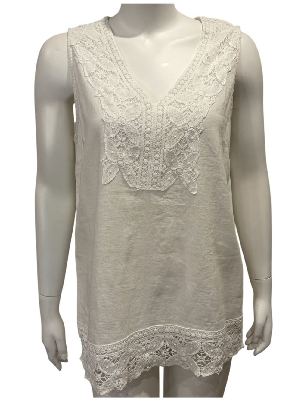 Antibes Blanc Linen Blend Sleeveless Tunic Top Womens L White Lace Trim